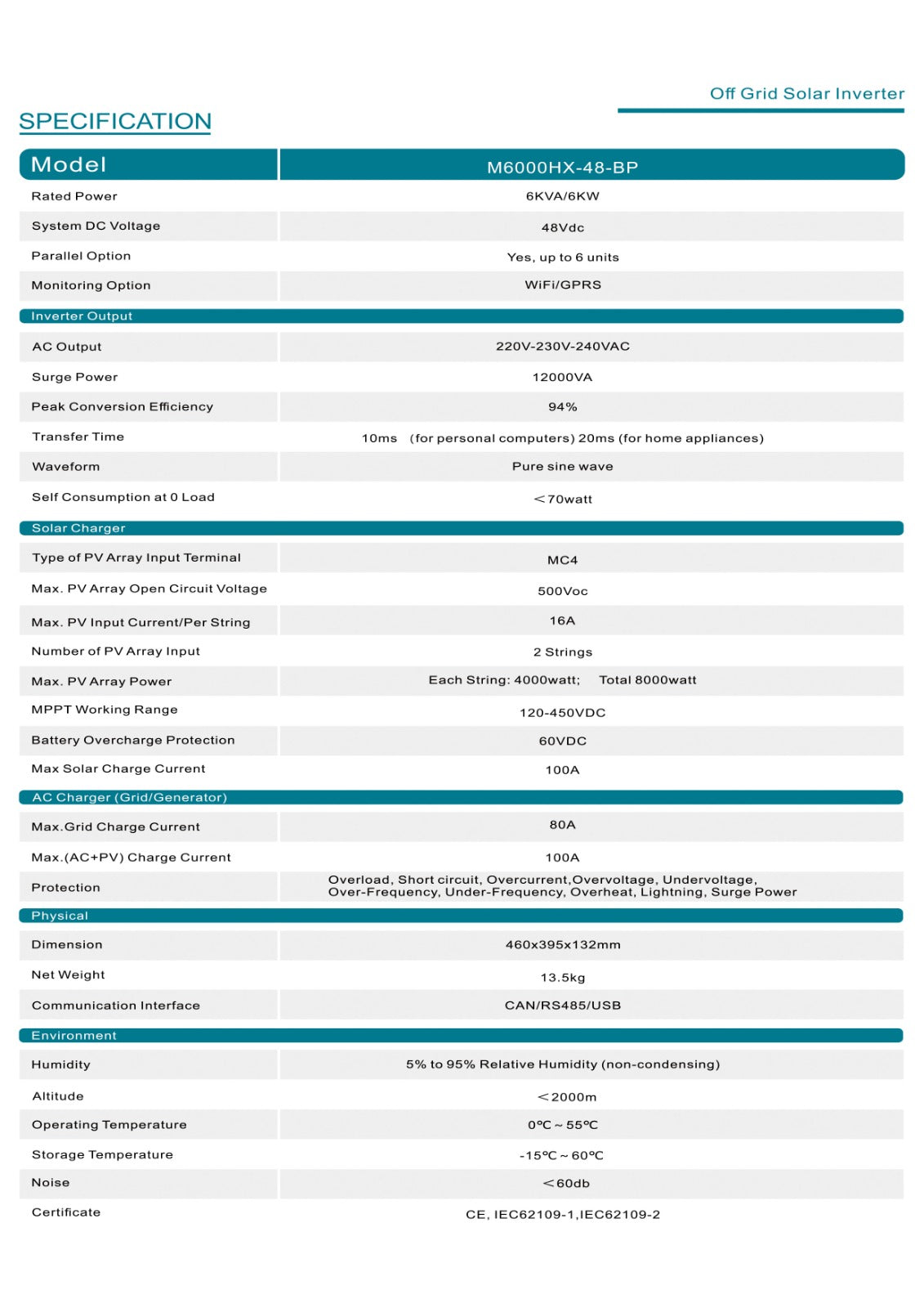 Growatt SPF6000ES 6KW Off-Grid Hybrid Solar Inverter 48V