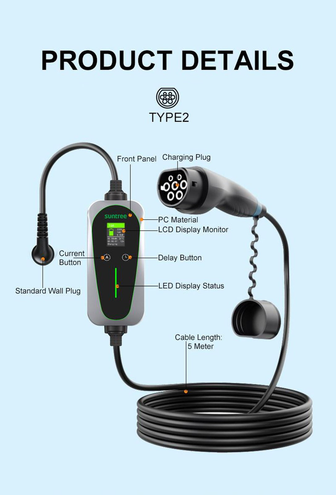 Portable EV Charger Type2 230V 6A/8A/10A